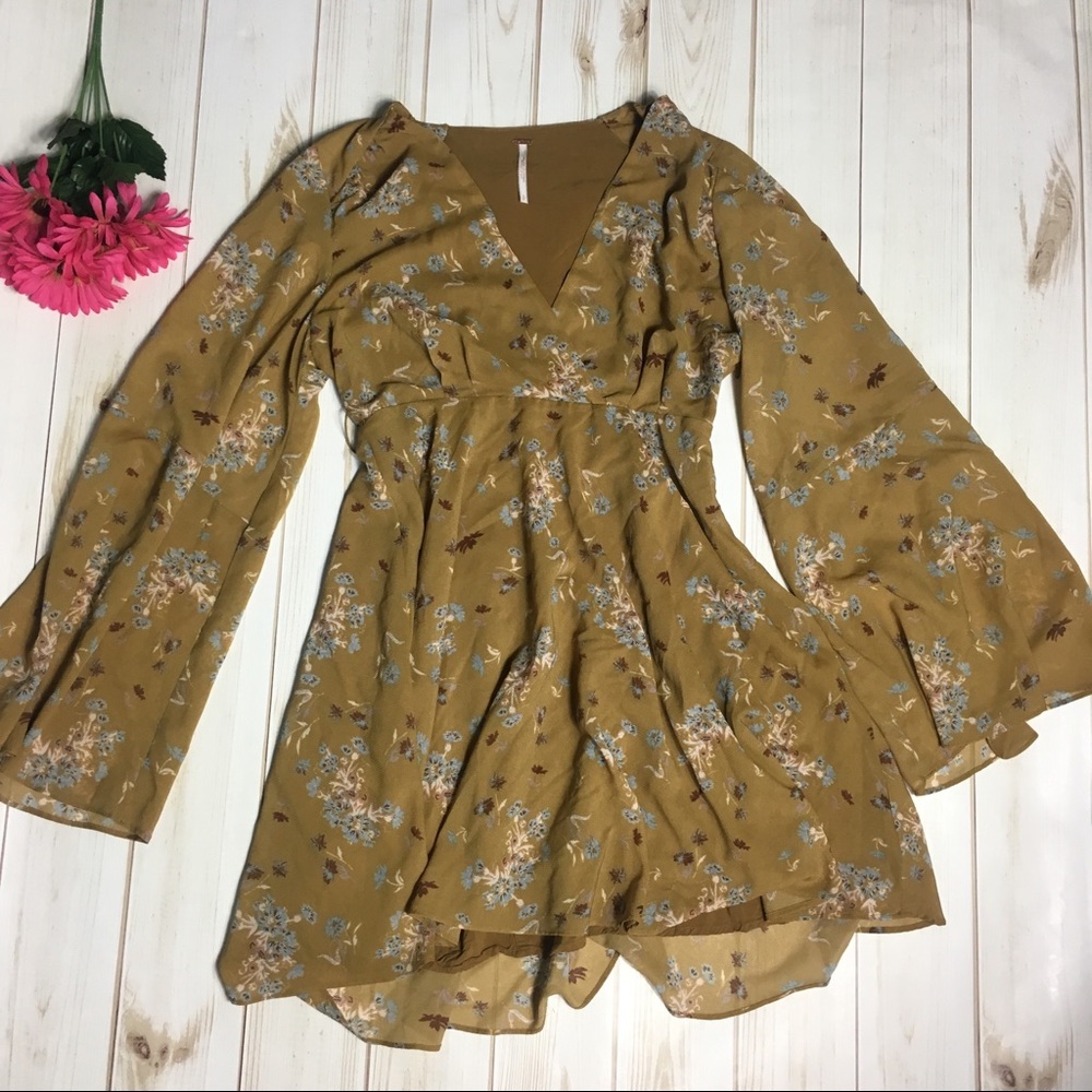 Free People Dress Mustard Yellow w Blue Flowers